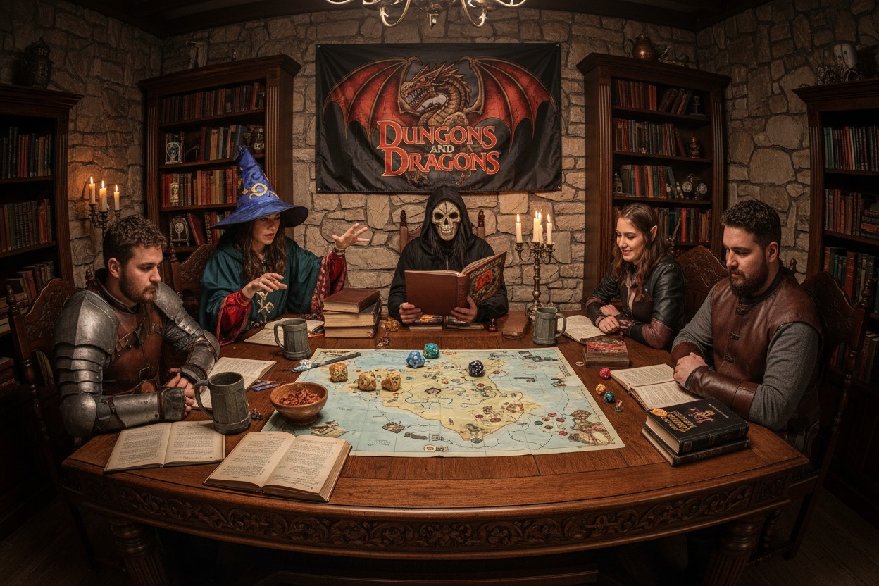 A group of friends dressed in costumes for a tabletop roleplaying game playing Dungeons and dragons